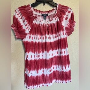 Chaps Women’s M Pinkish Red & White Tie Dye Stripes Short Sleeve Top
